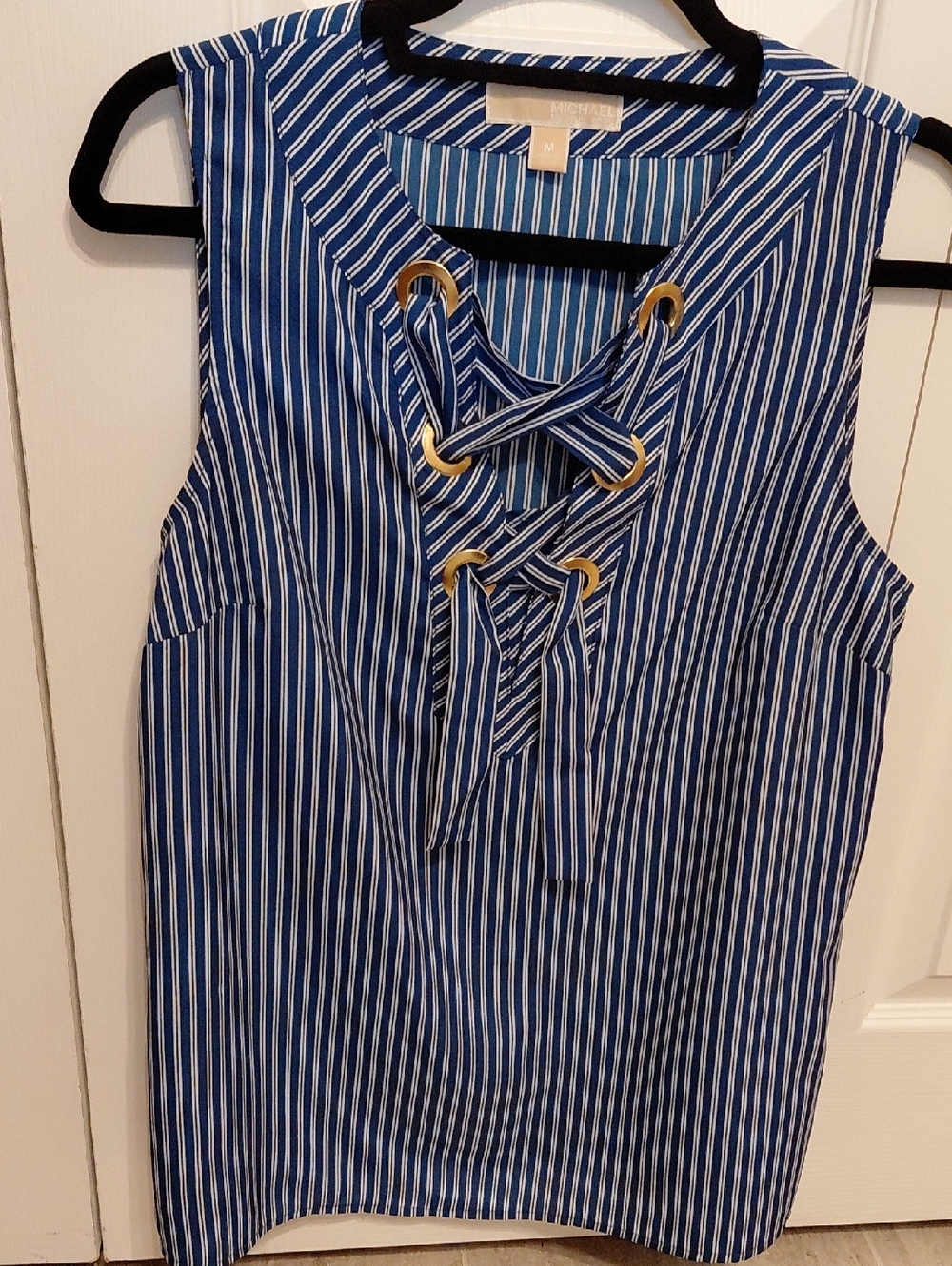 Michael Kors Blue and White Striped Lace-Up Sleeveless Top